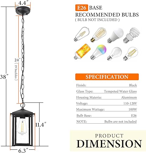 Miniatura 3 de Lámpara colgante para exteriores, lámpara colgante exterior, lámpara de patio al aire libre para porche, luces colgantes al aire libre para porche,