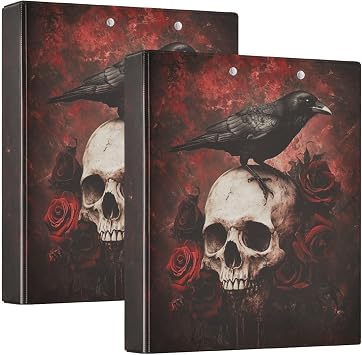 Gothic Skull with Crow and Red Roses 3 Ring Binder 1.5" Decorative D-Ring Binder with Clipboard&3 Clear Pockets, Holds 200 Sheets A4 Size Paper Waterproof Binders for School Home Office|2 Pack