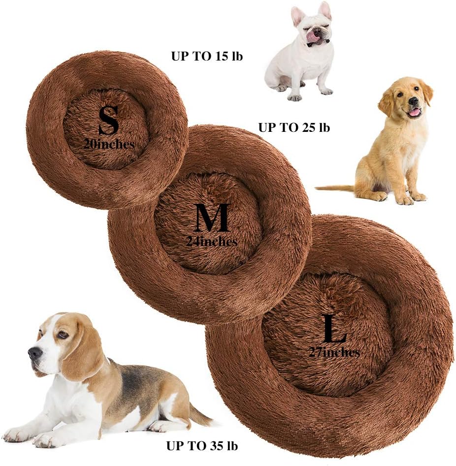 SunStyle Home Dog Bed, Anti-Slip Cute Cat Bed Faux Fur Fluffy Donut Cuddler Anxiety Cat Bed,Washable Round Cat Beds for Indoor Cats,M(24″x24″),Chocolate,for Cats & Dogs Up to 25 lbs