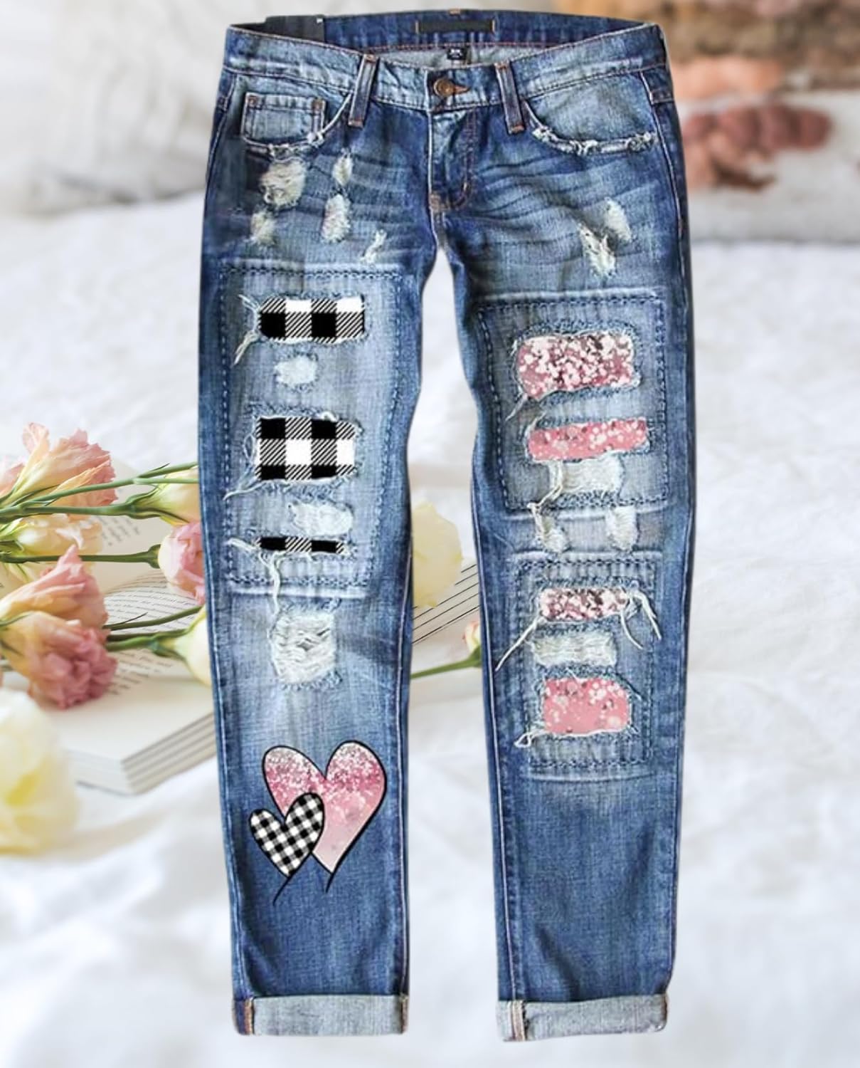 Plus Size Boyfriend Jeans for Women Trendy Cowboy Patch Work Distressed Jeans Casual Baggy Ripped Bling Blue Pants