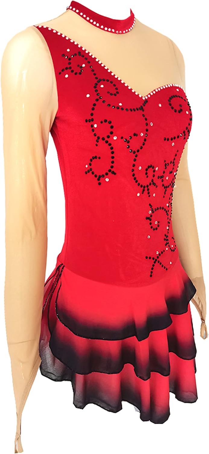 Ice Figure Skating Dress Girls Women Red Black Long Sleeve Gradient Competition Dress
