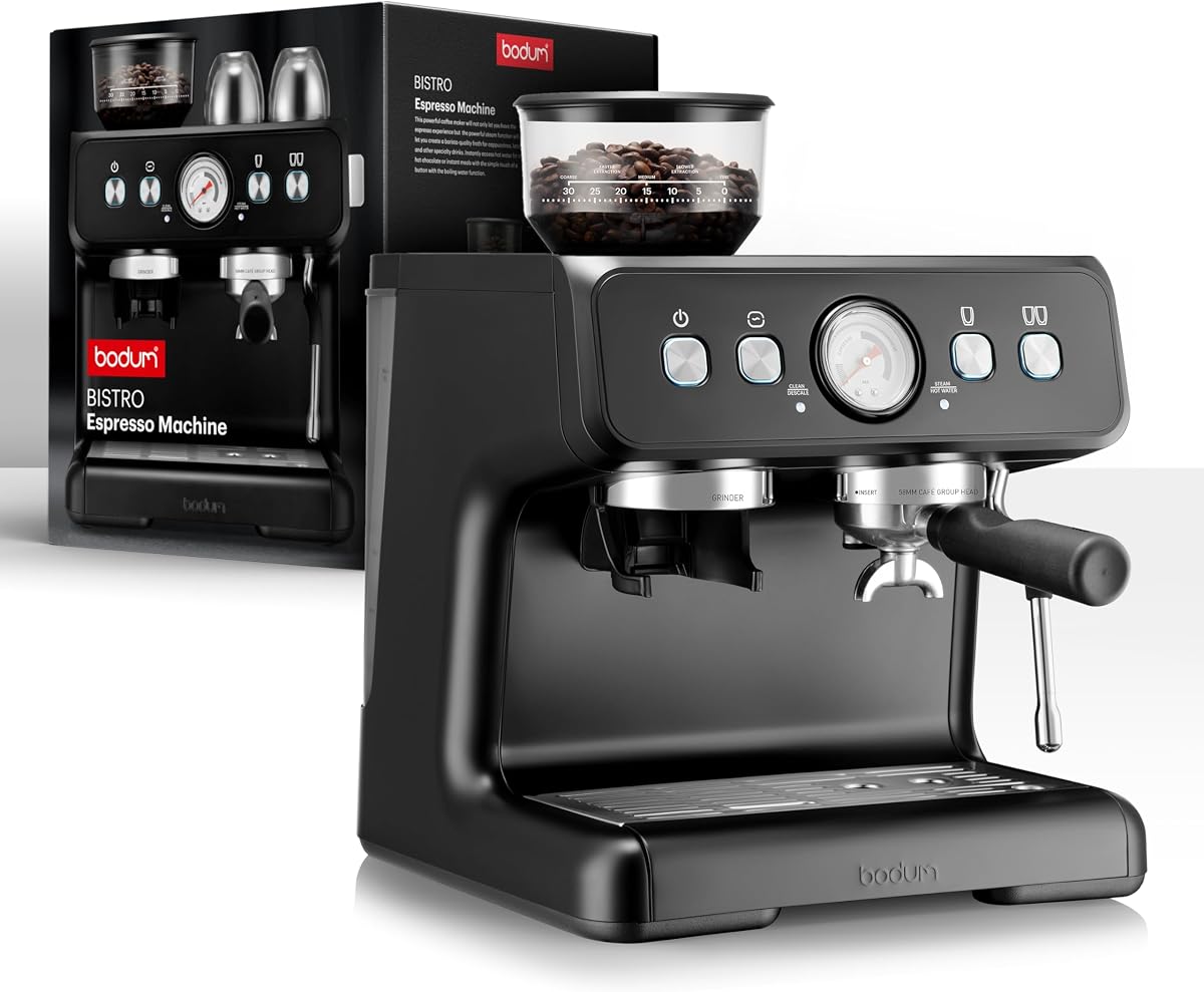 Máquina de café expreso eléctrica Bistro, molinillo de rebabas de acero inoxidable, varilla de vapor para espumar leche, color negro