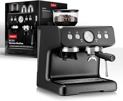 Bodum Bistro Electric Espresso Machine, Stainless Steel Burr Grinder, Milk Frother Steam Wand, Black