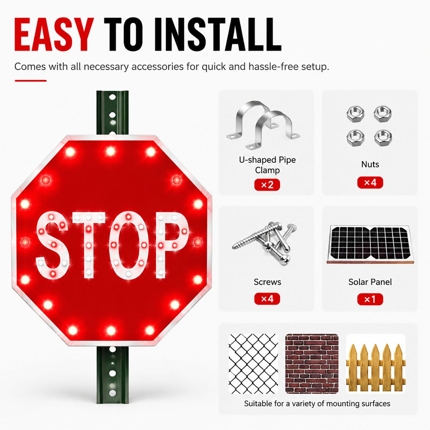 Señal de Stop LED Solar Impermeable,señal de tráfico Intermitente Duradera 24in | Señalización vial solar IP65, protección contra agua, nieve y radiación UV, larga vida útil en exteriores
