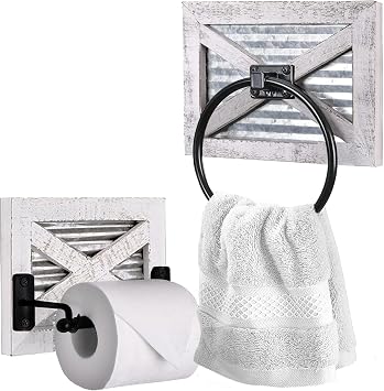 Autumn Alley Farmhouse Toilet Paper Holder and Towel Ring, Wall Mount, 2 Set - Farmhouse Wall Toilet Paper Holder and Bathroom Hand Towel Holder Decor, Wooden, Rustic White