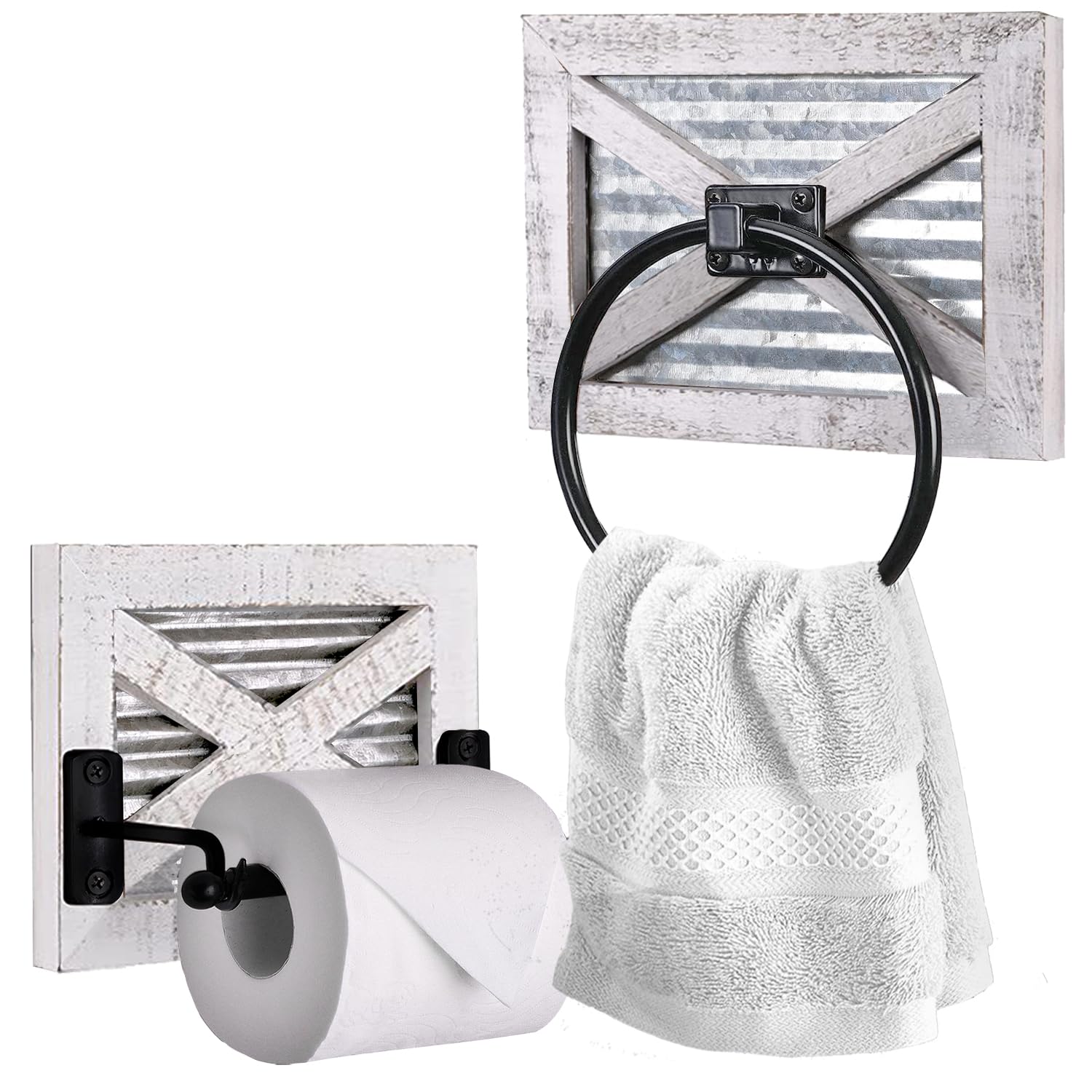 Autumn Alley Farmhouse Toilet Paper Holder and Towel Ring, Wall Mount, 2 Set, Wooden, Rustic White