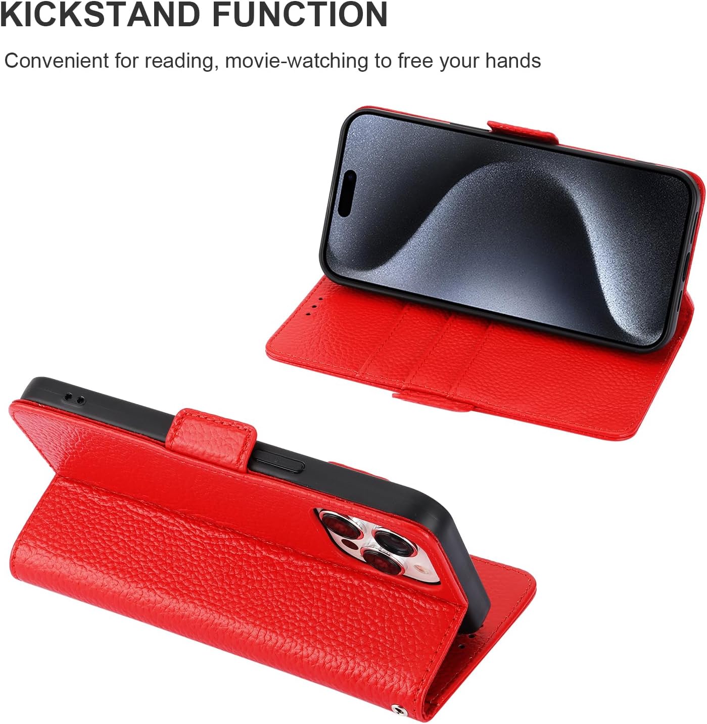 Bocasal Wallet Case for iPhone 15 Pro Max 5G, Genuine Leather Support Wireless Charging RFID Blocking Flip Case Card Slots Holder, Kickstand Book Folding Folio Cover with Wrist Strap 6.7 Inch (Red)