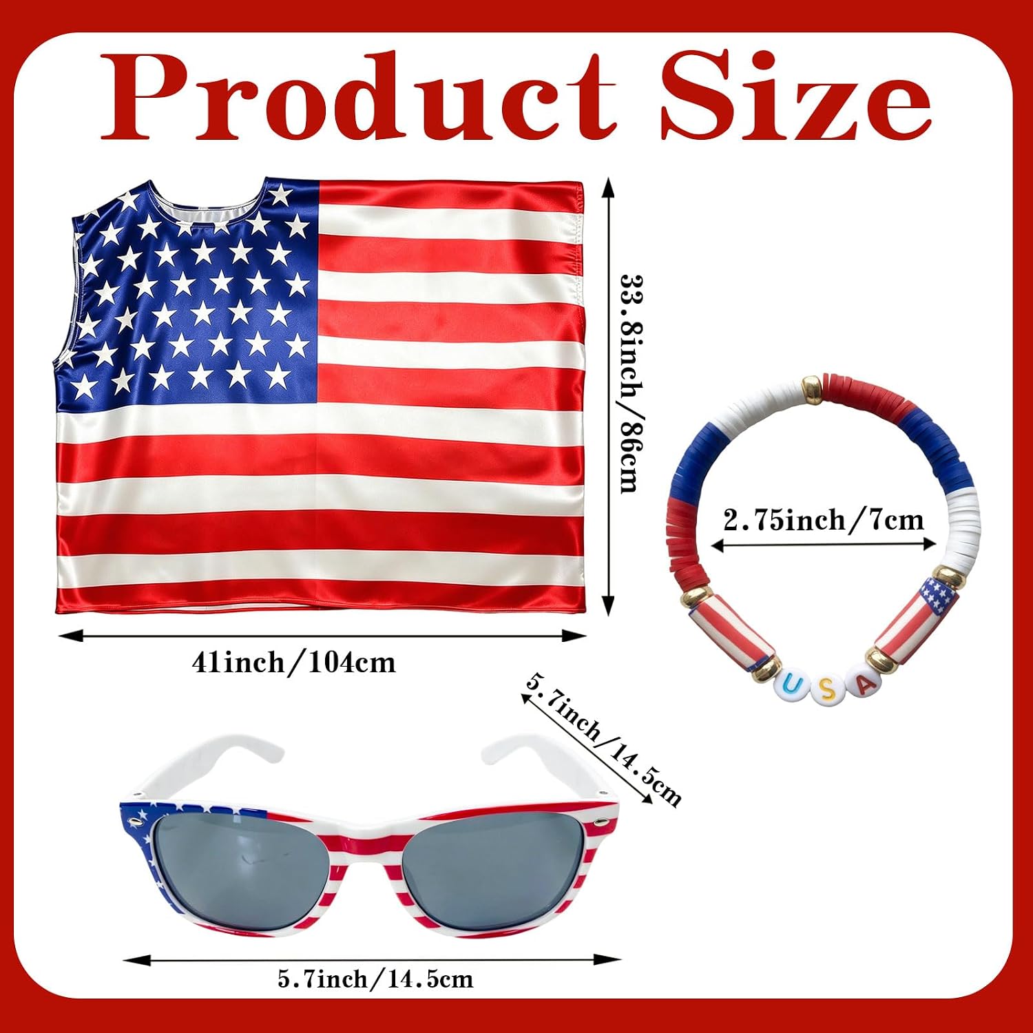4th of July American Flag Dress for Women, Stars and Stripes Patriotic Outfit with Glasses and Bracelet
