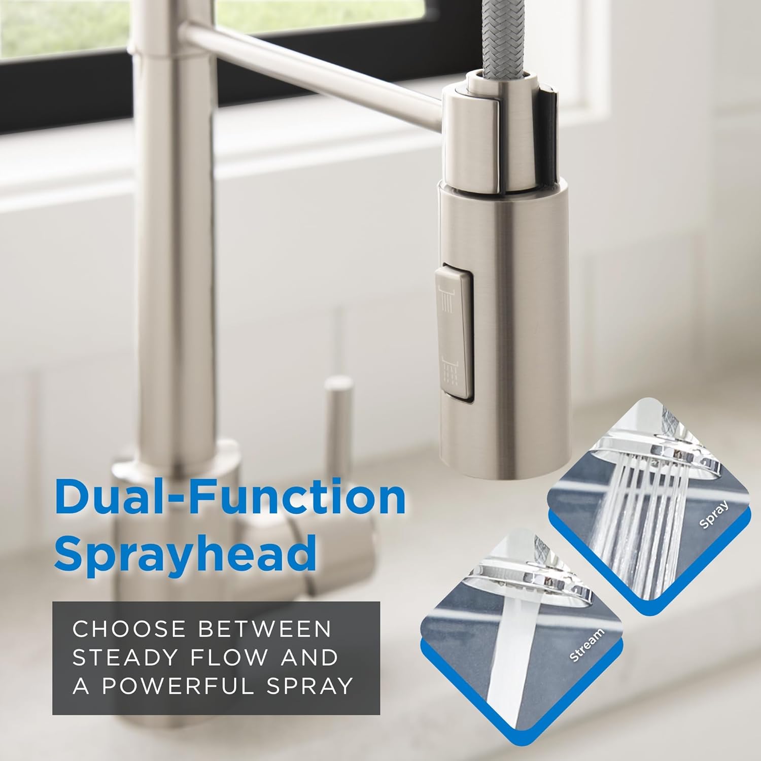 Gerber The Foodie Pre-Rinse Kitchen Faucet – Commercial Style, Single Handle, High Arc Pull-Down Spring Spout, Dual Sprayhead, Brass Construction, 1-Hole Install, Stainless Steel, D451388SS