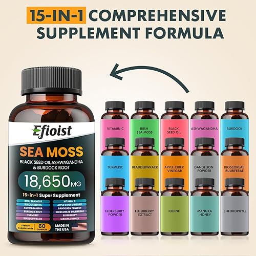 Miniatura 4 de Aceite de semilla negra de musgo marino Ashwagandha jengibre y raíz de bardana, cúrcuma, vejiga de clorofila ACV, suplemento de 120 unidades