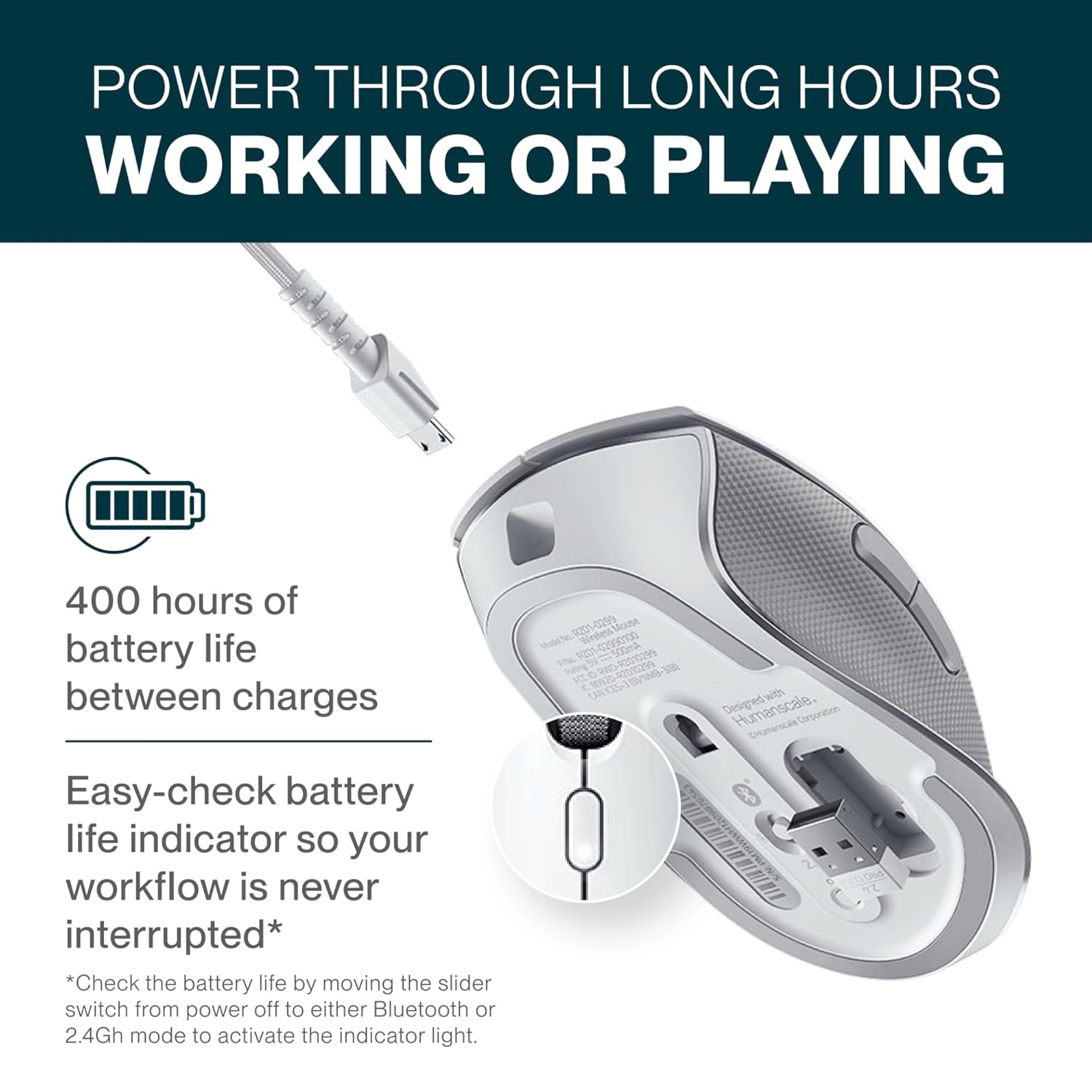 Humanscale Razer ProClick White Ergonomic Mouse, Wireless Bluetooth Compatibility with PC or Mac, Multi-Device Connectivity, Comfort Contour Design, 8 Programmable Buttons