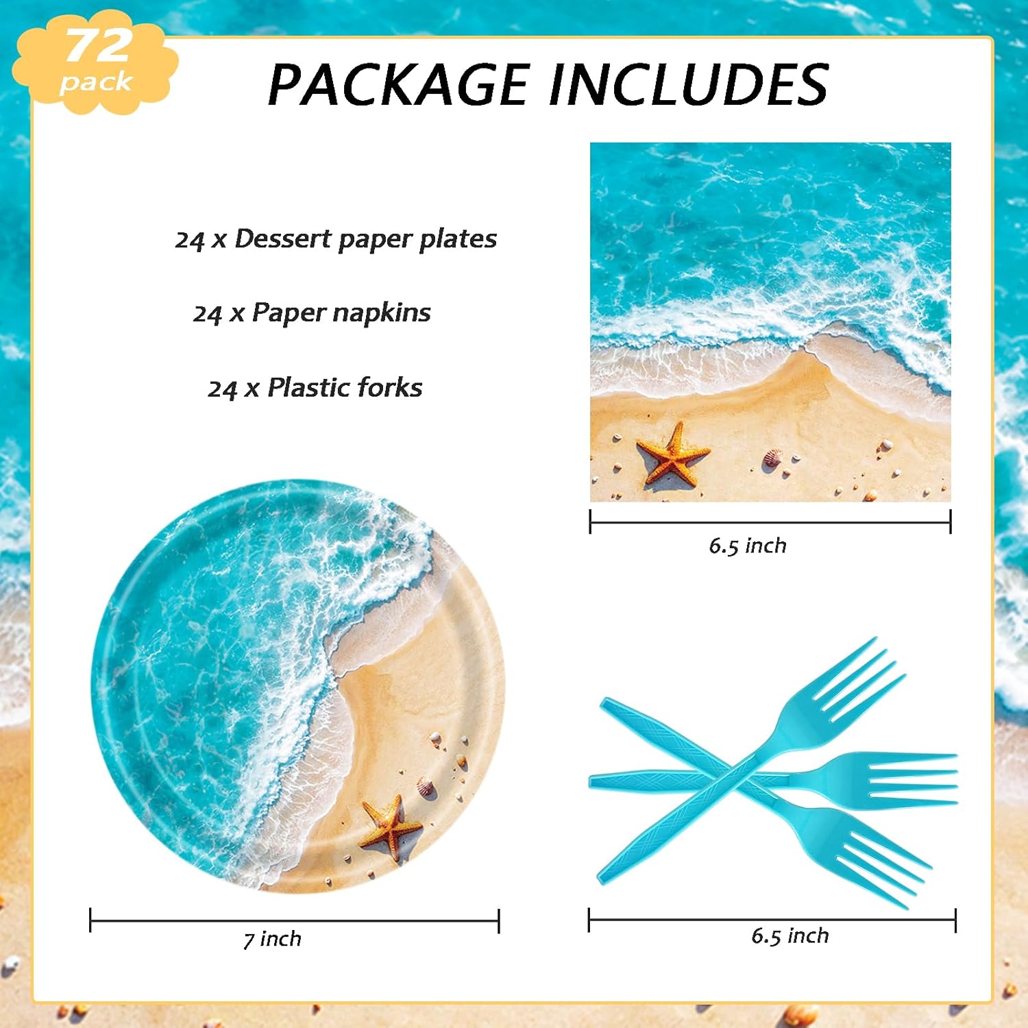72 Pcs Ocean Waves Paper Plates Disposable Beach Party Birthday Dessert Plates Napkins Forks Tableware Set Summer Pool Party Decoration Supplies for Baby Shower Blue Ocean Hawaiian Birthday, Serve 24 - Image 2
