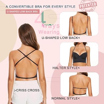 Low Back Bras for Women-Seamless Lightly Lined Invisible Backless Bra-Underwire Plunge Open Back Multiway Halter Bra