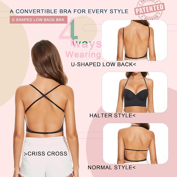 Low Back Bras for Women-Seamless Lightly Lined Invisible Backless Bra-Underwire Plunge Open Back Multiway Halter Bra