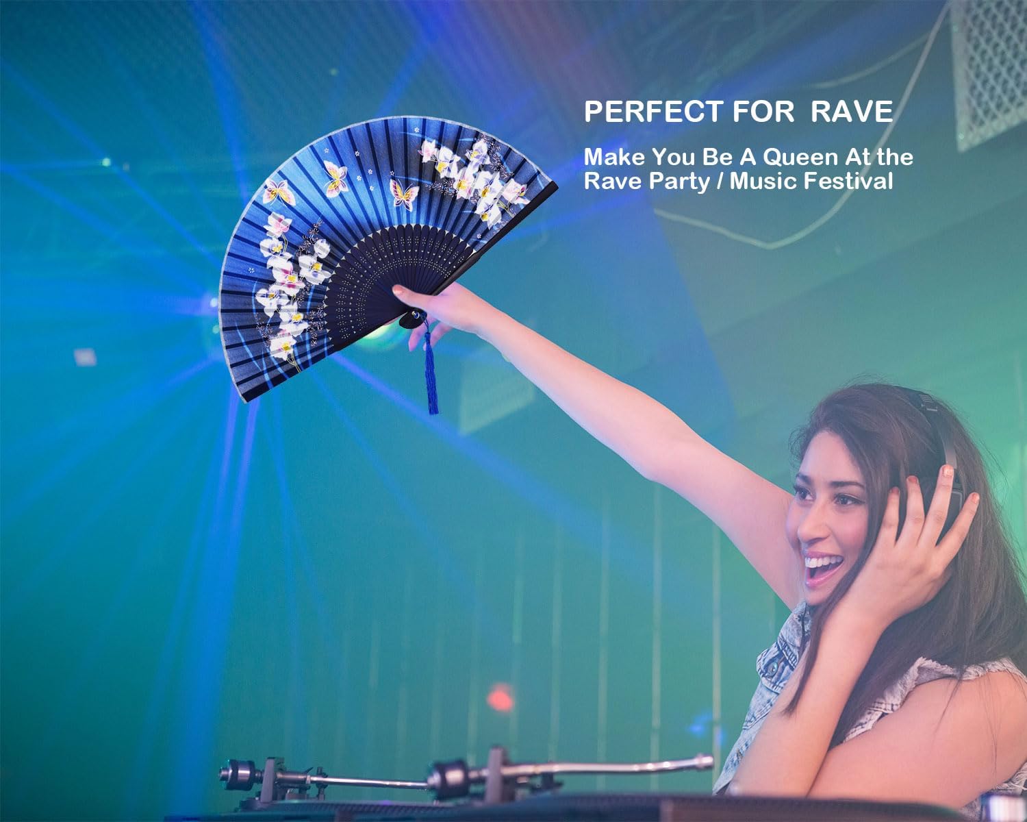 Hand Fan Foldable for Women, Blue-Butterfly image 3
