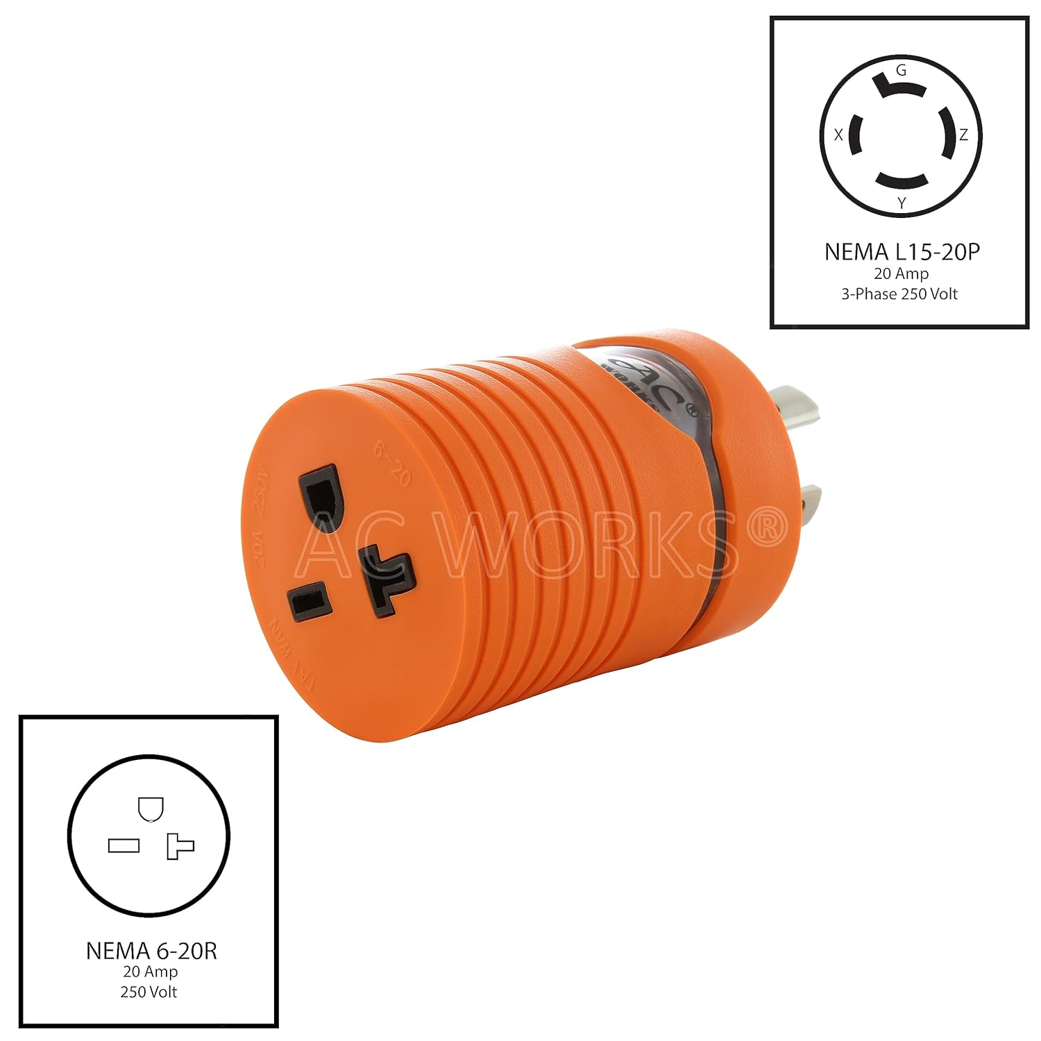AC WORKS Industral Adapter L15-20P 3-Phase 20A 250V 4-Prong Plug to 6-15/20R 250V 15/20A T-Blade (Compact Adapter)