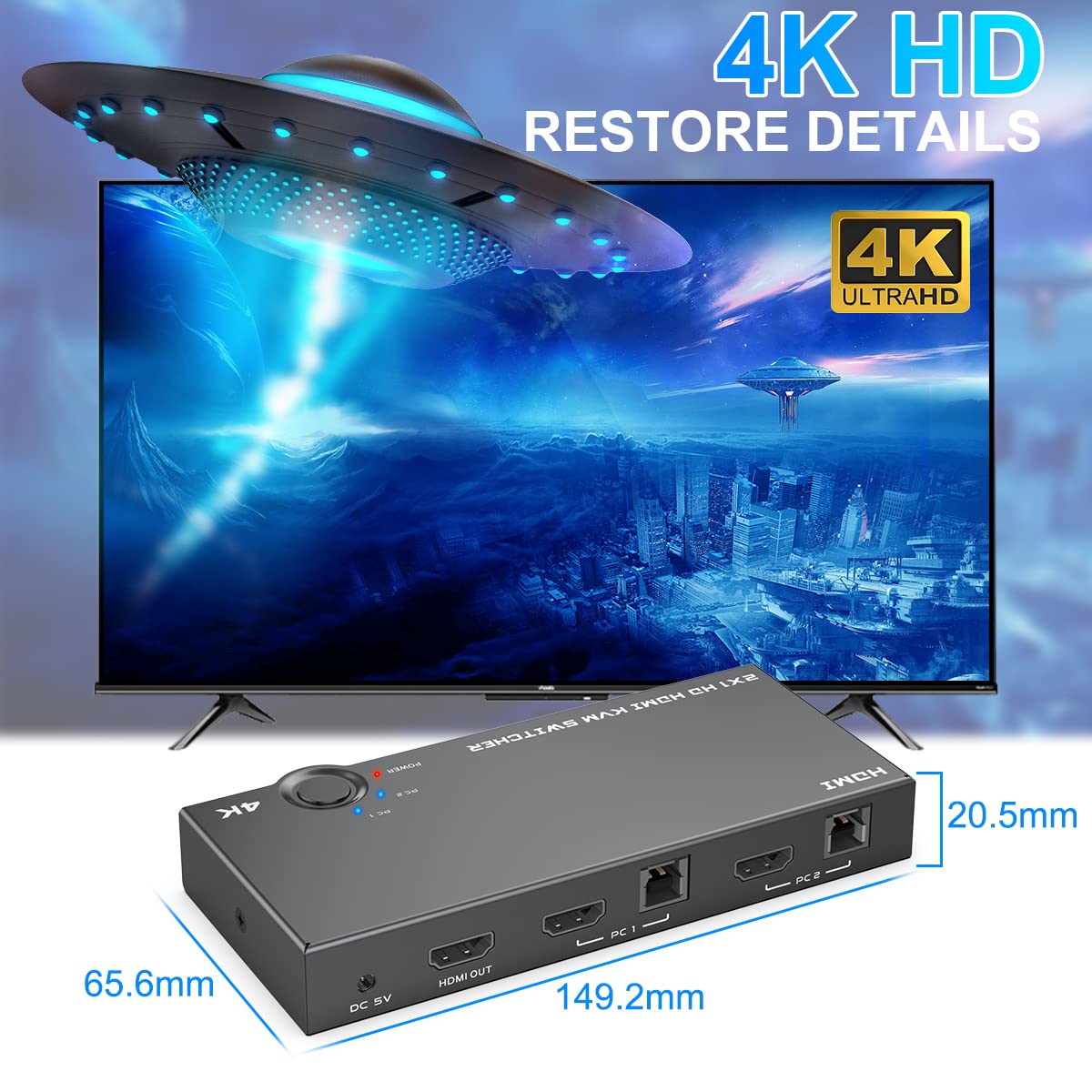 KVM Switch HDMI 2 Port Box USB and HDMI Switches Share 2 Computers with one Keyboard Mouse and one HD Monitor, HDMI KVM Switch Support Hotkey Switch and One Button Swapping