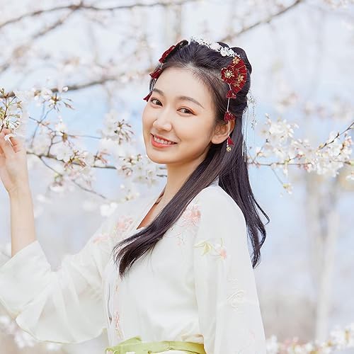 Miniatura 9 de KESYOO 1 par de pinzas para el pelo de estilo japonés con borlas, hermosa horquilla antigua, accesorios de disfraz para mujer, color rojo