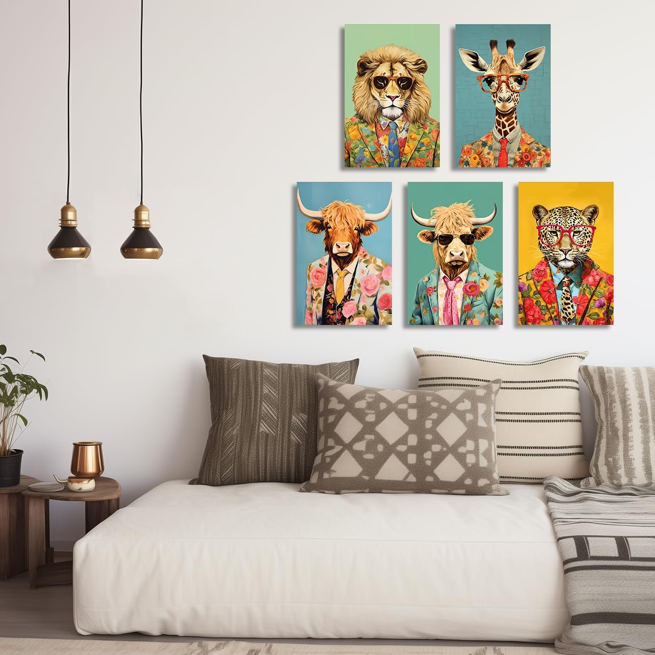 ZQQART Highland Cow Canvas Wall Art Abstract Highland Cattle with Sunglasses Wearing Suit Picture Funny Cow Animals Paintings Prints Frame (pink,16W x 24L)