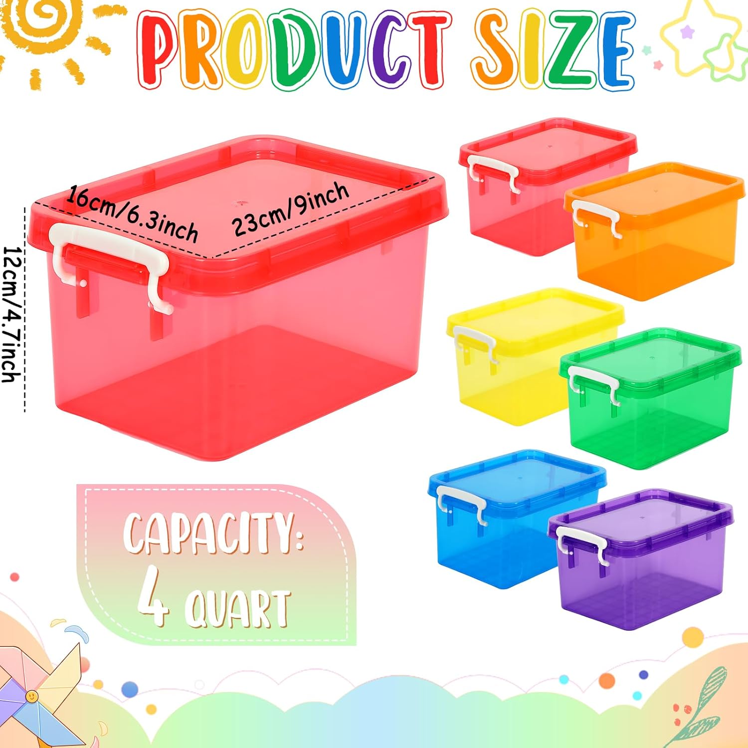 6 pack 4 quart colorful plastic storage bins with lids stackable storage bins with latching lids handle clear colored storage organizer bins for toy classroom home office pantry containers(6 colors)