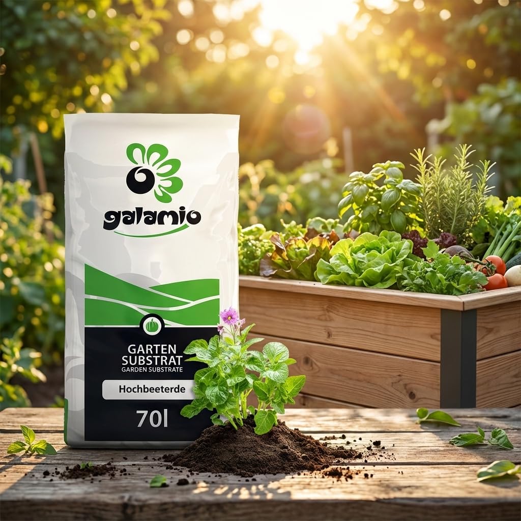 GALAMIO - Hochbeeterde und Gemüseerde – organisch gedüngte Pflanzerde und Gartenerde mit Kompost für Hochbeet, Kräuter und Gemüsepflanzen – 70 l pro Sack – 30 Säcke auf Palette