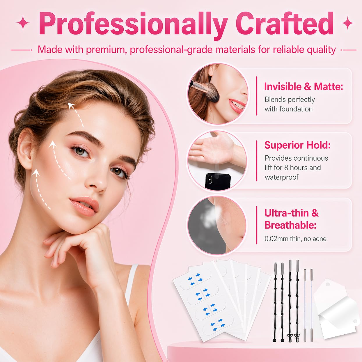 NBF Face Tape Lifting Invisible for Women 140PCS, Face Lift Tape for Jawline & Double Chin, Waterproof Neck Tape and Bands with 9 Strings, Discreet Makeup Friendly V Look Support for Photos