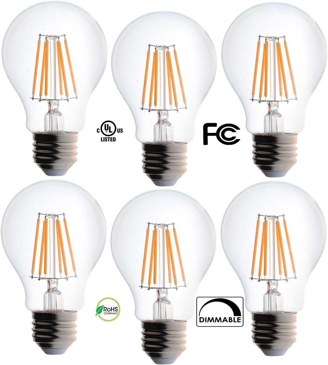 Bioluz LED 60 Watt A19 Light Bulbs Uses 8.5W Dimmable Filament Style Edison Light Bulbs, 2700K Warm White FCC UL Listed RoHS Title 20 90 CRI 6-Pack