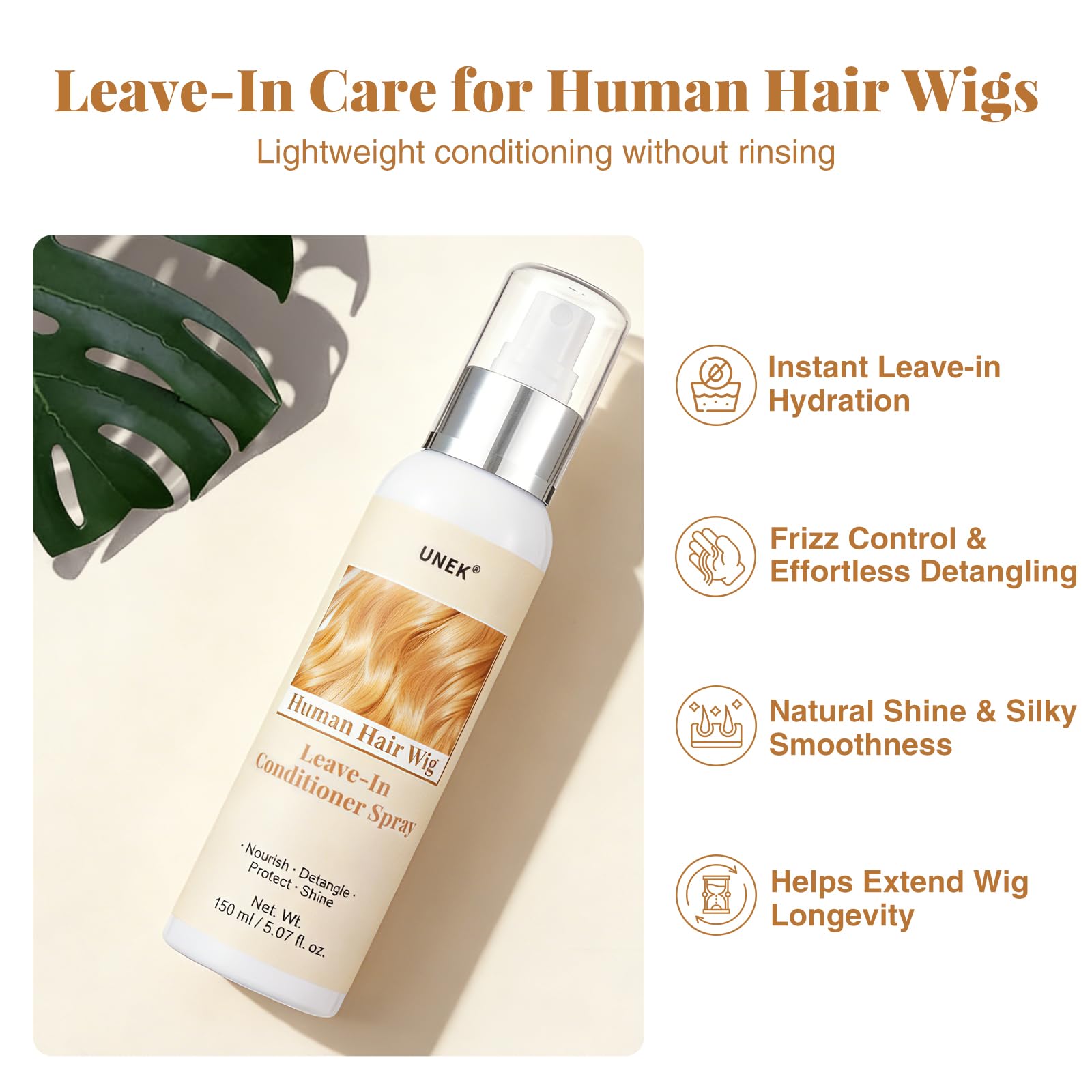 UNEK Acondicionador en spray sin enjuague para pelucas de cabello humano: hidratación ligera anti-frizz, aporta brillo y suavidad a pelucas, extensiones y postizos de cabello humano, 150 ml
