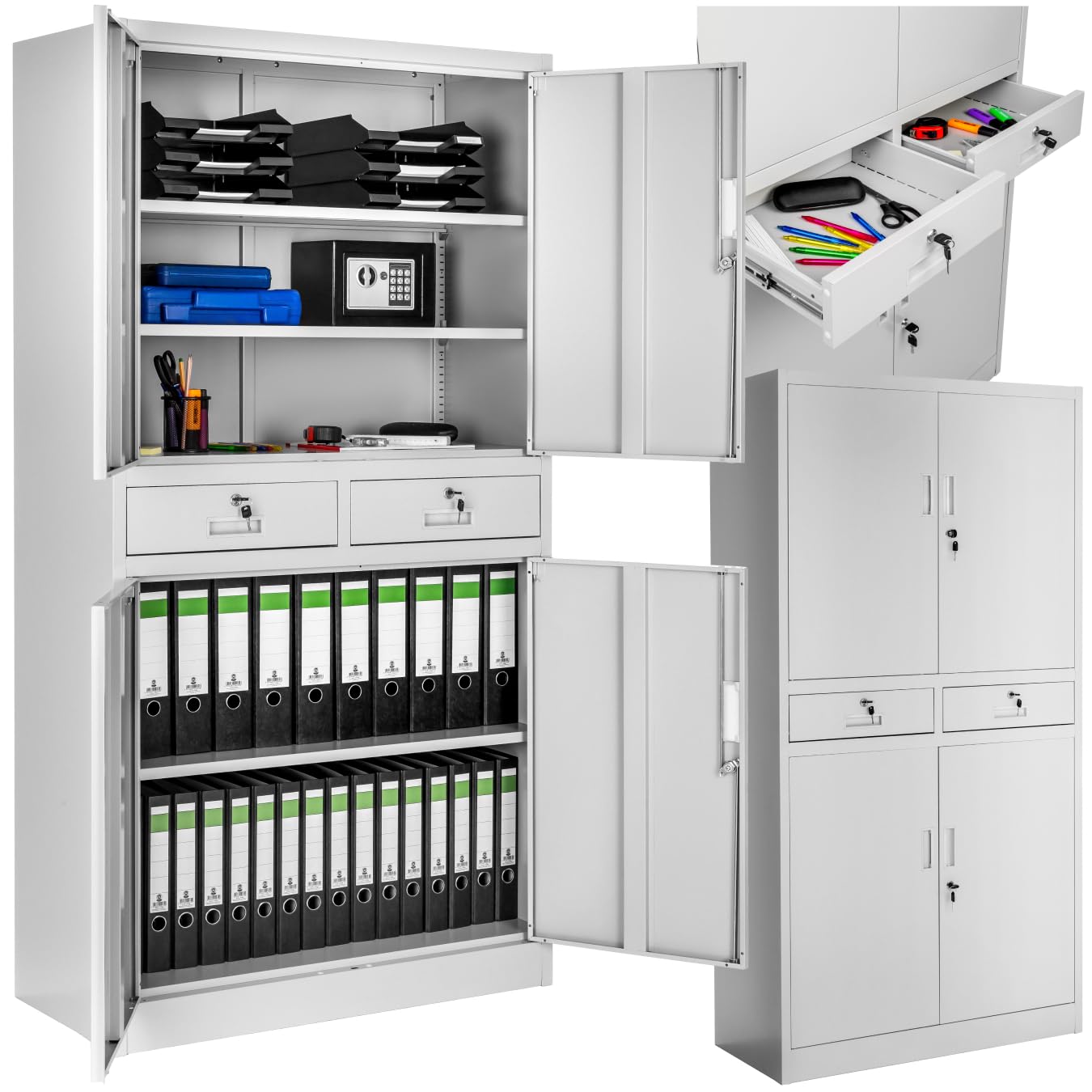 tectake® Armadio Portadocumenti 180x80x40cm, 5 Scomparti e 2 Cassetti, Armadio con Ripiani Regolabili, Ante a Battenti Rinforzate, Chiusura con Serratura a Cilindro - Grigio Chiaro