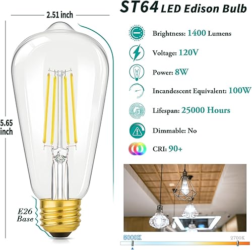 Miniatura 3 de Paquete de 12 bombillas LED Edison equivalente a 100 W, luz blanca diurna 5000 K, 8 W 1400 lúmenes de alto brillo, bombilla de filamento vintage