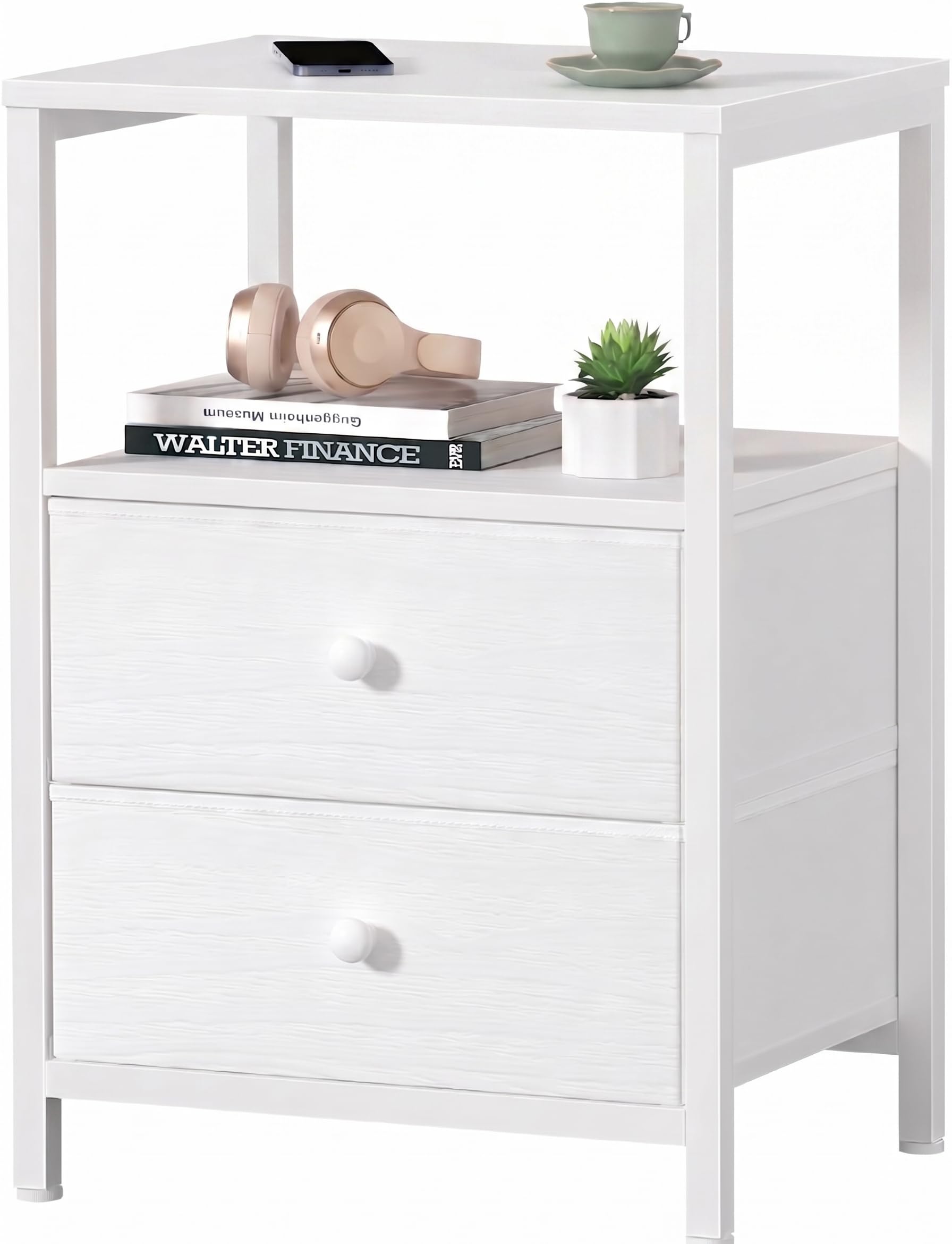 Lufeiya Mesita de Noche con 2 Cajones, Mesa Auxiliar Moderna de Madera, Marco de Metal Estable, Cómoda para Dormitorio, Salón, Pasillo, Fácil Montaje