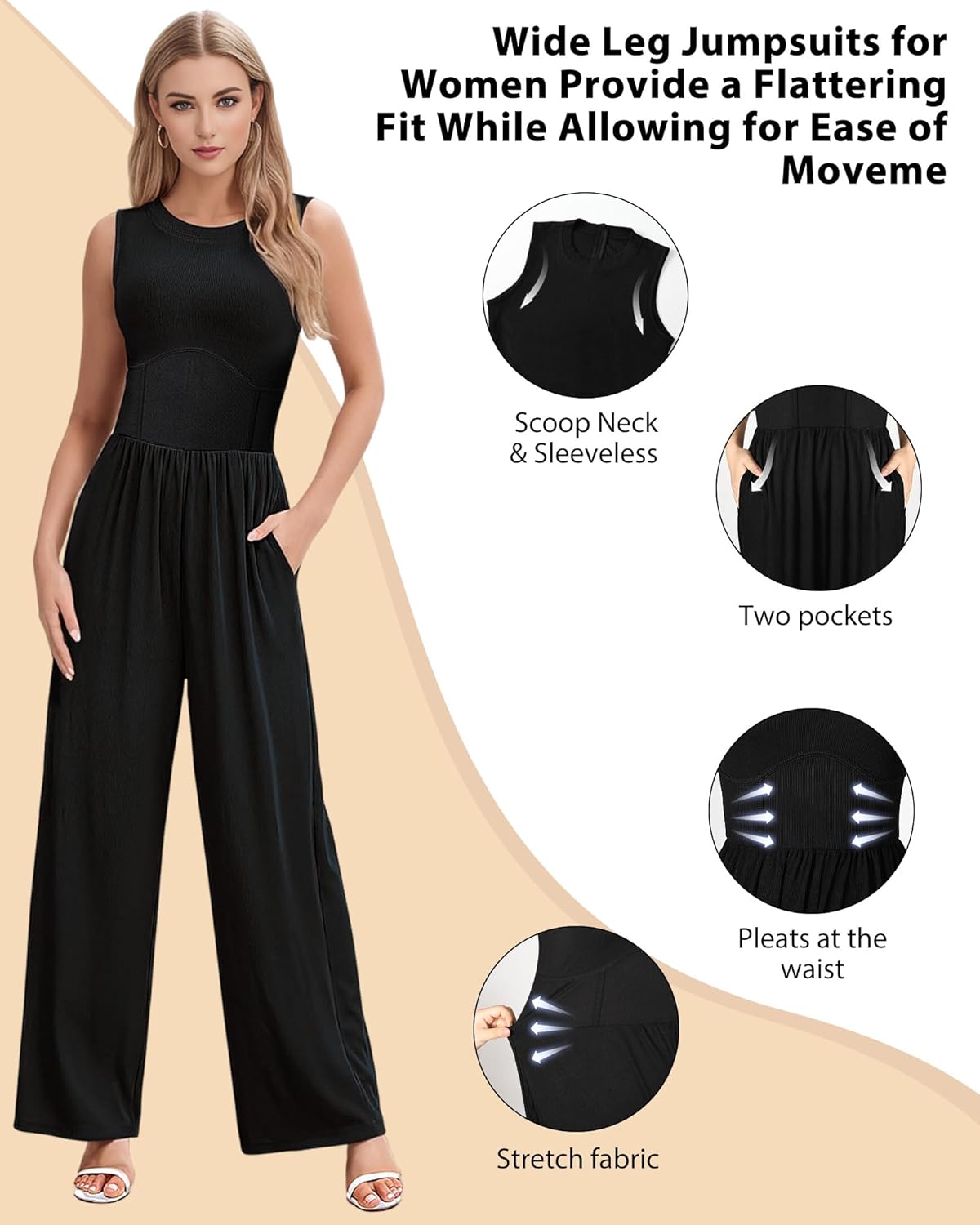 AURUZA Jumpsuits for Women, Sleeveless Crew Neck Jumpsuits for Women Casual One Piece Outfit Wide Leg Long Pants Rompers for Women 2024 Jumper Dressy with Pockets, Black, XXL - Image 2