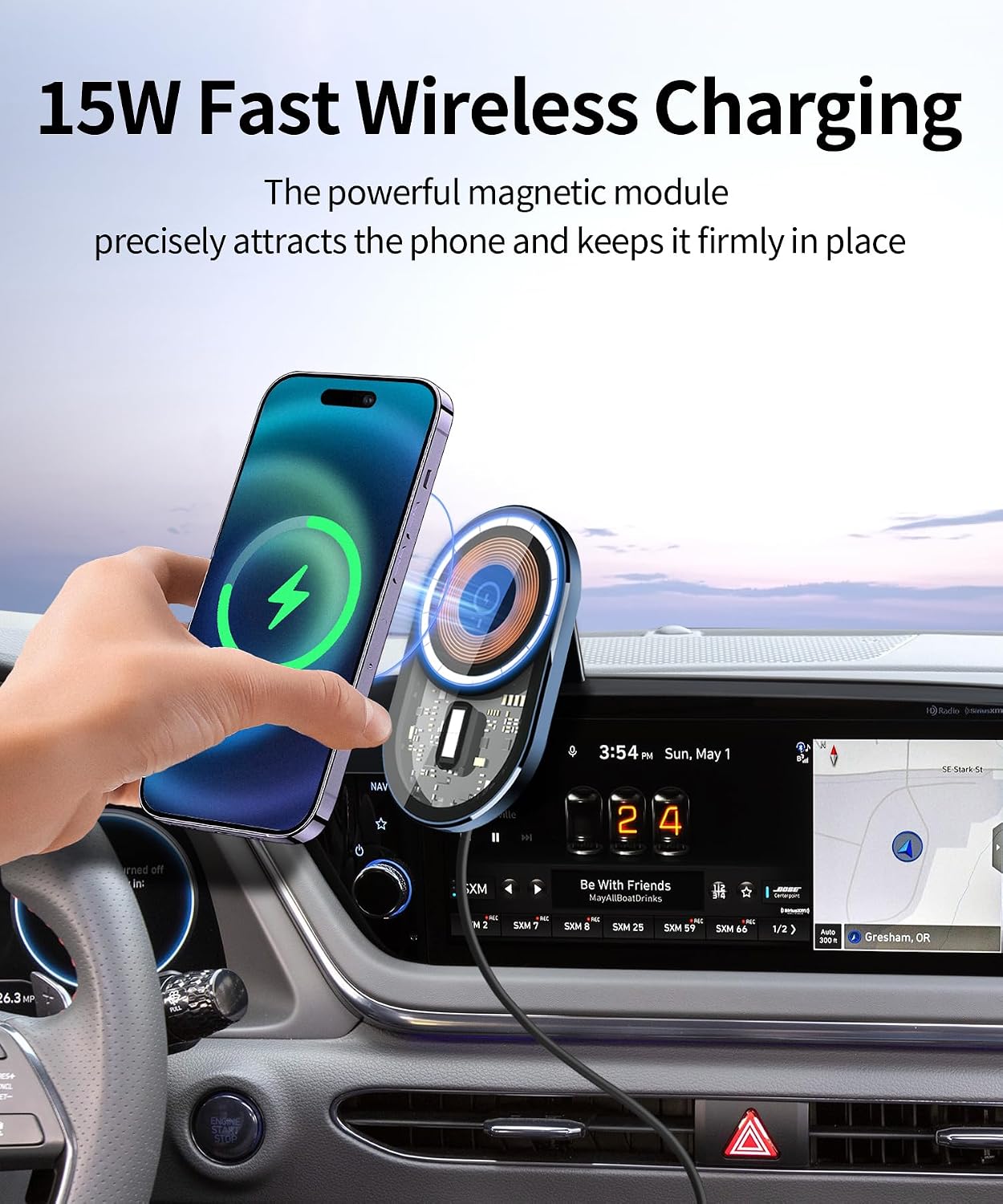 Wireless Charging Car Phone Holder for Hyundai Sonata/Hybrid 2019-2023, 10.25" Screen Fixed Clip, 360° Rotation Car Phone Mount Compatible with MagSafe