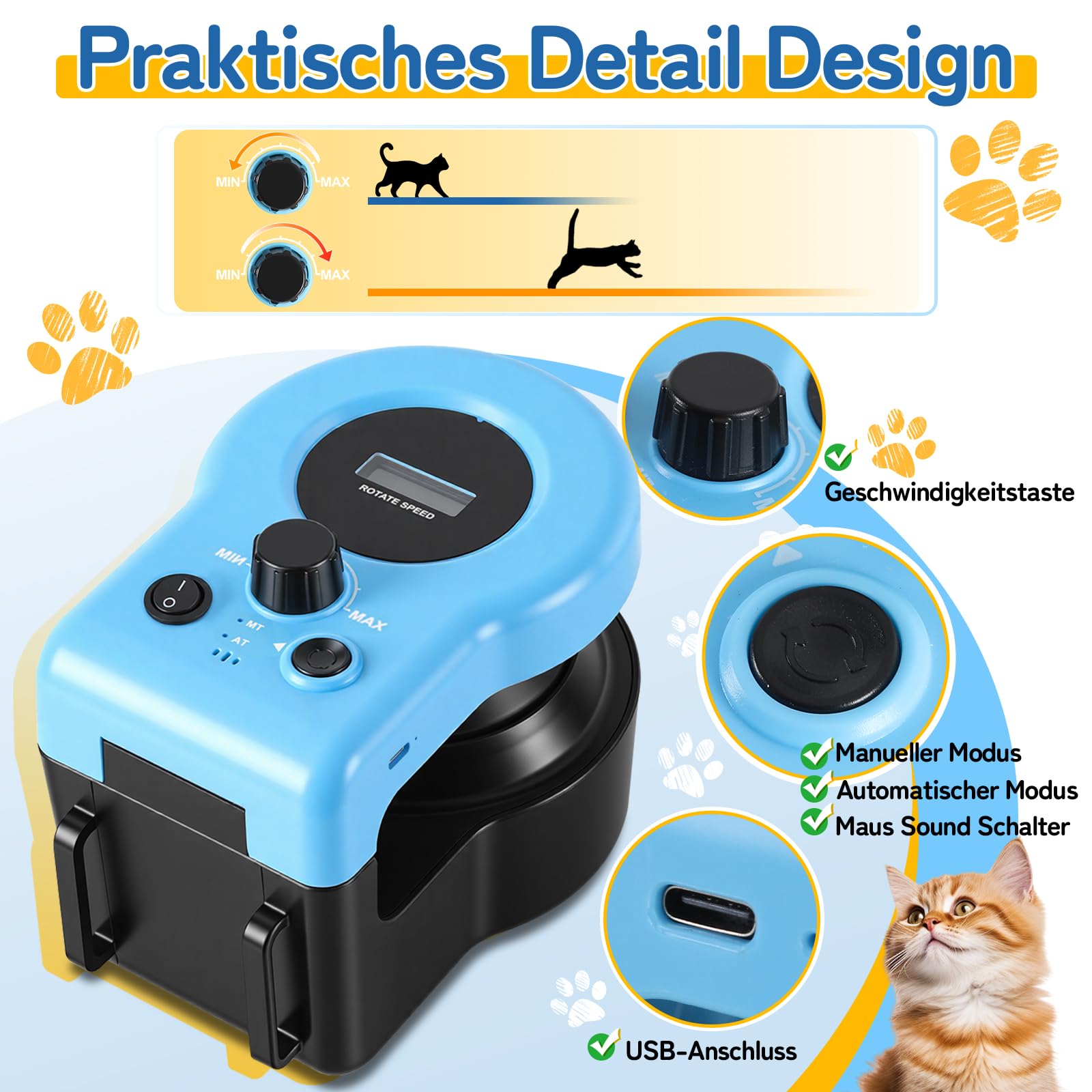 Daromigo Elektrisches Katzenspielzeug mit 3 Umlenkrollen, Fernbedienung