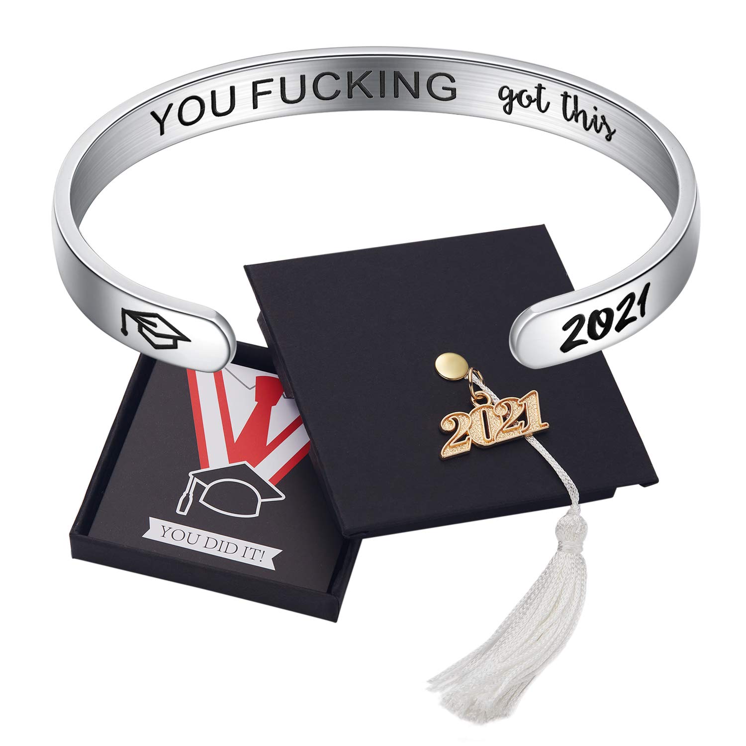 Ldurian 2021 Bracelet for Graduation, Inspirational Grad Bangle Cuff for Women, Graduate Gift for Her, College Senior Bracelet, Graduation Jewelry with 2021 Cap Box & Card & Bag