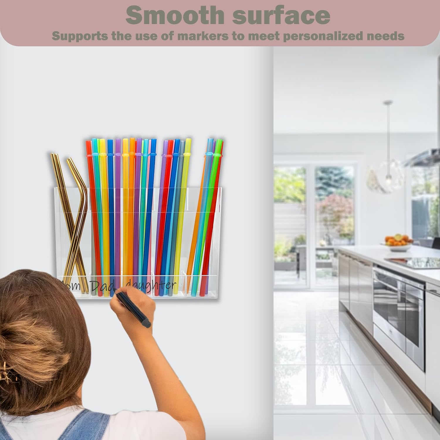 Acrylic Straw Holder, Cabinet Straw Organizer with Double Sided Adhesive Tape, Tall Drinking Straws Dispensers, Reusable Straws Storage Container for Cupboard, Kitchen Countery (Clear) - Image 6