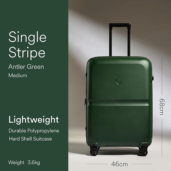ANTLER Single Stripe Hard Shell Medium Suitcase + Laundry Bag - 68x46x31cm 89L, Expandable, Lightweight, 4 Spinner Wheels, TSA Lock - Durable Check in Luggage Green