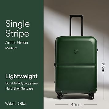 ANTLER Single Stripe Hard Shell Medium Suitcase + Laundry Bag - 68x46x31cm 89L, Expandable, Lightweight, 4 Spinner Wheels, TSA Lock - Durable Check in Luggage Green