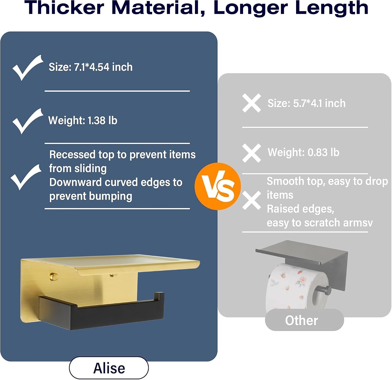 Alise Toilet Paper Holder with Shelf,SUS304 Stainless Steel Toilet Paper Roll Holder Bathroom Tissue Holder Storage Dispenser,Self Adhesive or Wall Mount Drilling,Gold and Black Finish