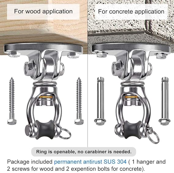 SELEWARE Silent Bearing Swivel Swing Hanger Stainless Steel Swing Hook Ceiling Mount Swing Bracket for Aerial Yoga Silks Swing Chair Heavy Bag Swing Set Indoor Outdoor