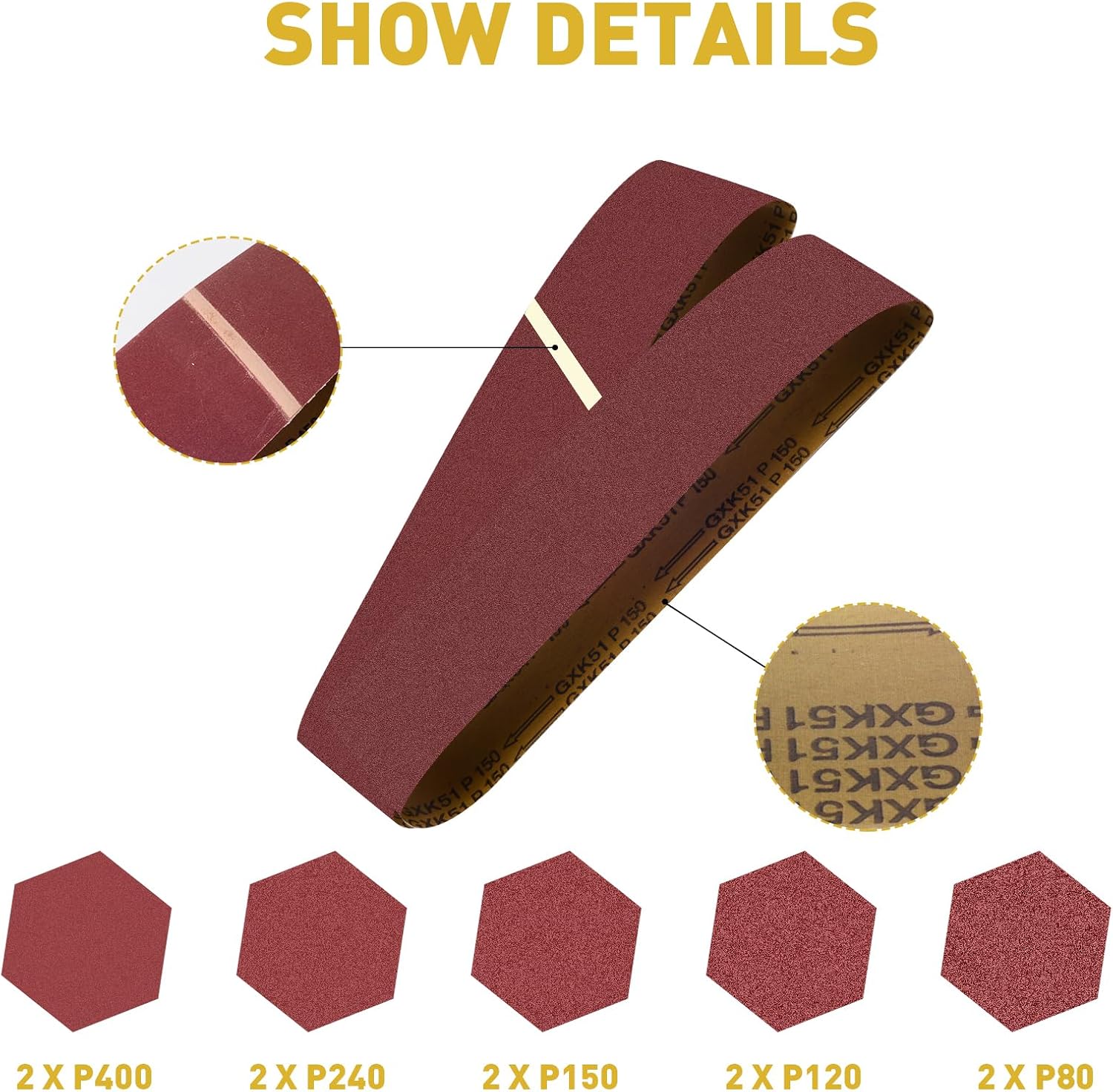 4 x 36 Inch Sanding Belts 10 Pieces Aluminum Oxide Sander Belts(80/120/150/240/400 Grits) With 4 Pieces 6 Inch Sanding Disc Aluminum Oxide Adhesive Backed Sandpaper (Pack of 14)