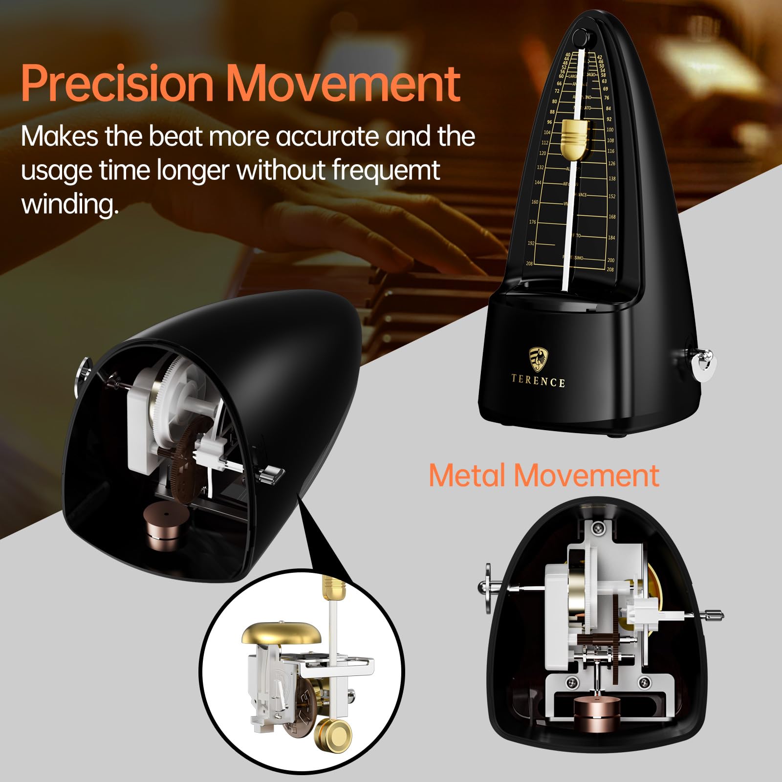 TERENCE Mechanical Metronome Metronome Digital Classic Shape Accurate Beat Metal Movement Convenient Use For practice for Guitar Piano Bass Drum Violin Metronomes for Adult and Children Black - Image 2