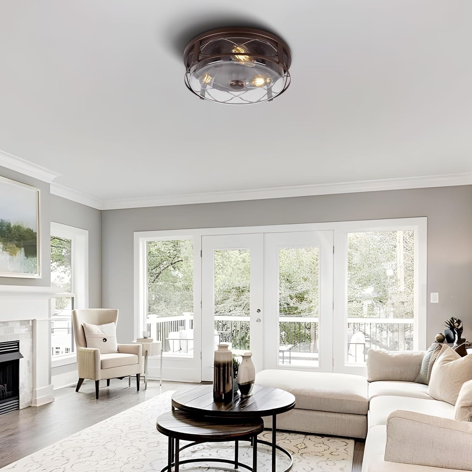 16 Inch Large Flush Mount Ceiling Light with Seeded Glass, 3-Light Bronze Round Ceiling Lamp, Modern Farmhouse Indoor Outdoor Ceiling Lighting for Kitchen Bedroom Living Dining Room