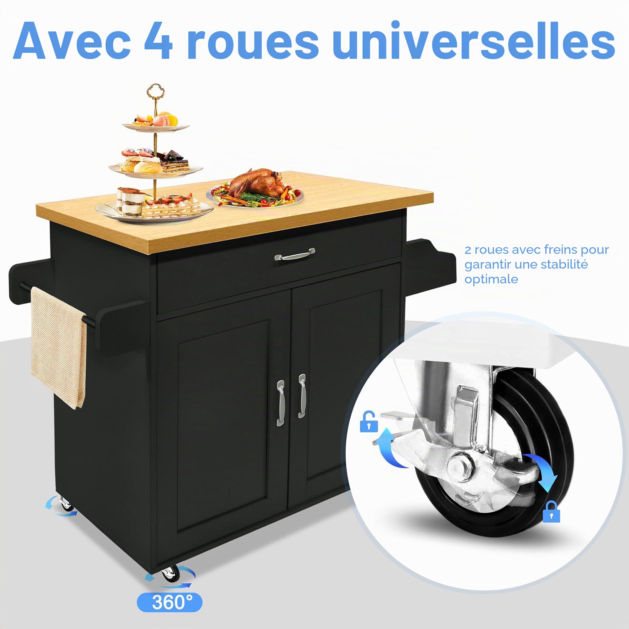 LZQ Chariot de cuisine avec plan de travail Mobilier de cuisine mobile Îlot de cuisine Roulable, chariot de cuisine, chariot de service 115x36x90cm Noir