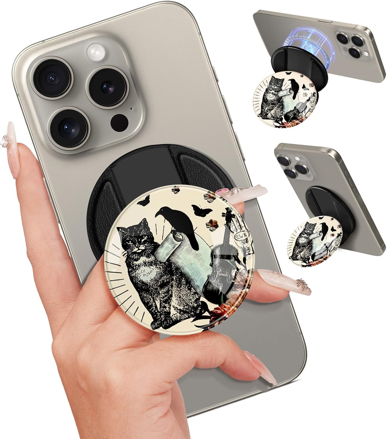 Kidcube Magnetic Phone Grip Compatible with Magsafe – Cell Phone Grip Stand Ring Holder Magnet Kickstand Removable Accessories for iPhone 16 Pro Max/16/15/14/13/12 Series Women Girls Cute Cat Bird