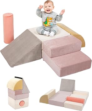 BanaSuper Soft Play Climbing Blocks for Toddlers, Indoor Foam Play Set for Baby Motor Skills Development, Toddler Obstacle Course with Step, Ramp and Cylinder, Montessori Gym Toys, EN71 Safety, Pink