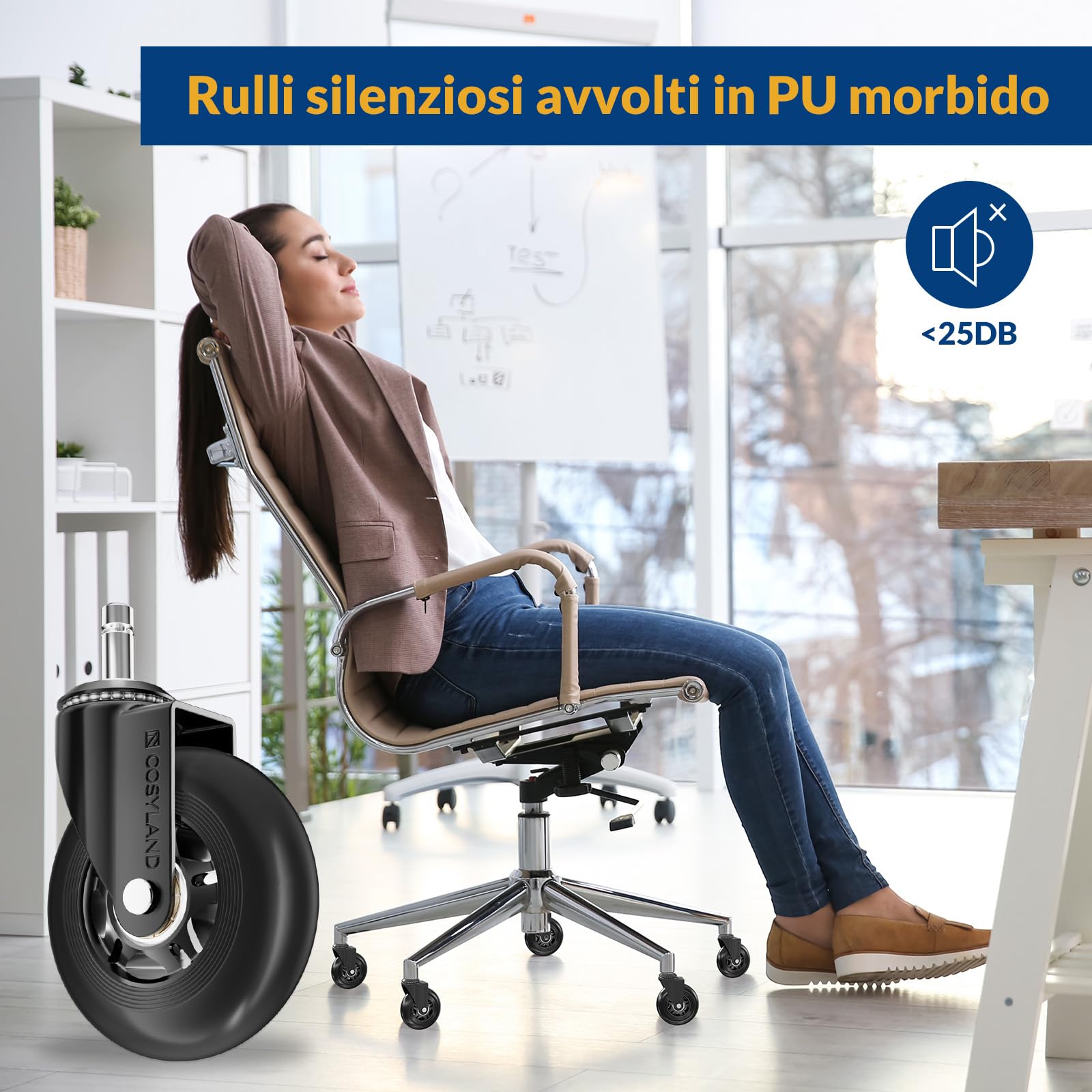 COSYLAND Ruote per Sedia Ufficio – Ruote Sedia Ufficio per Parquet Silenziose e Resistenti, Rotelle per Sedia Ufficio 11×22 mm per Tutti i Pavimenti