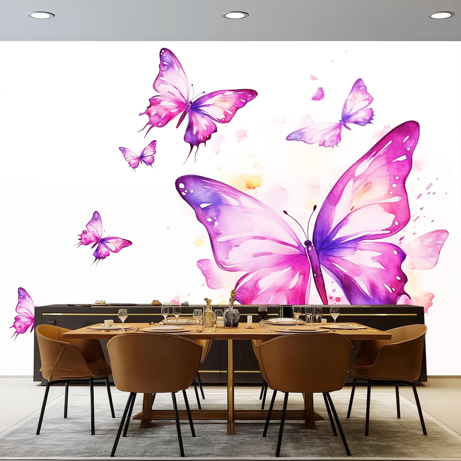 Panoramiczna tapeta 400 x 280 cm, elegancka akwarela motyle zwierzęta salon sypialnia dekoracja domu - tapeta z włókniny 3D fioletowa