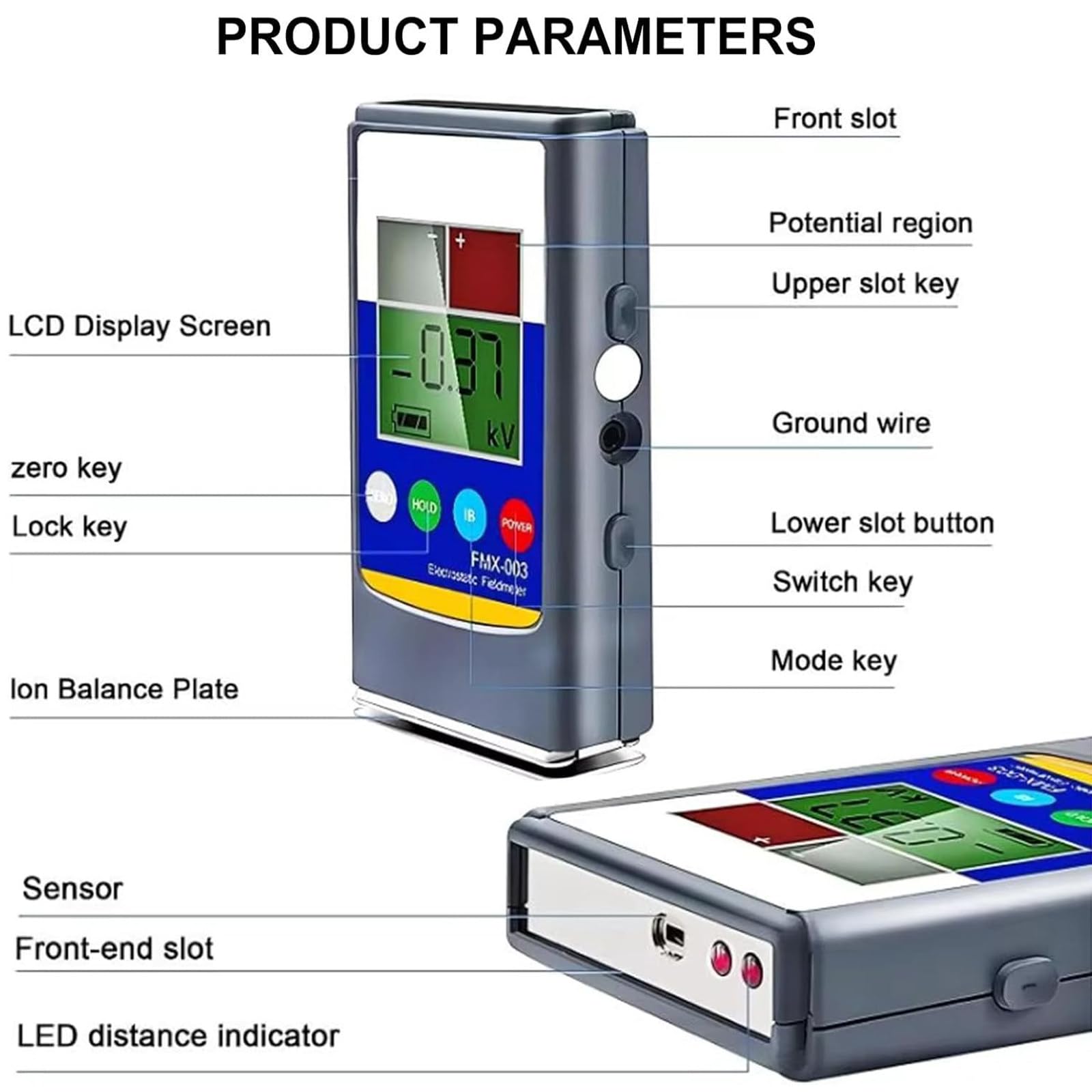 Medidor de campo electrostático, probador de equilibrio de iones de 0 a 20 KV, de mano con pantalla LCD para goma, fibra, hilo, plástico, compuesto