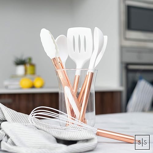 Miniatura 3 de STYLED SETTINGS Juego de utensilios de cocina de silicona blanca y cobre para cocinar y servir modernos, juego de 6 utensilios de cocina de cobre